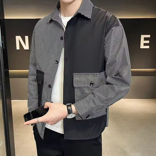 Spring Autumn New Turn-down Collar Long Sleeve Fashion Shirt Man High Street Casual Striped Printing Pockets Patchwork Cardigan