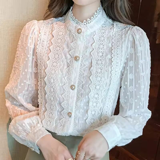 Autumn Women White Lace Blouse Shirt Women Tops Long Sleeve Blouse Women Blusas Mujer De Moda 2024 Blouses Femme Shirts E382