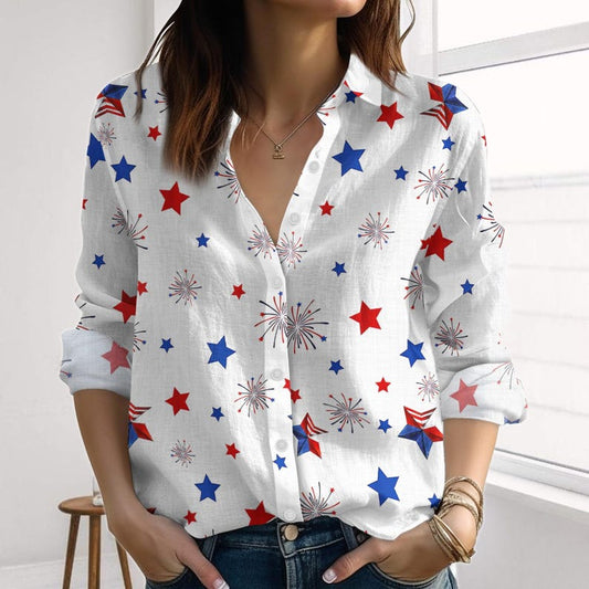 Firework USA Linen-Look Shirt, America Flag Shirt For Women, 4th Of July Merica Blouse Shirt, Red White Blue Button Shirt, Gift For Her